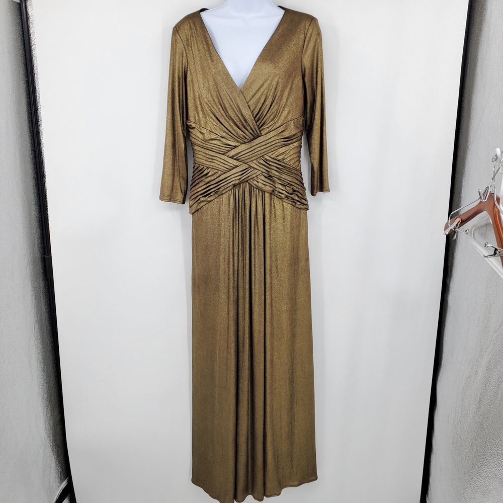 Y2K Tadashi Collection Gold Bronze Metallic Ruched Draped V Neck Gown Dress Maxi